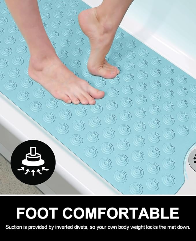 OTHWAY No Suction Cup Bath Mat: 39x16 inch Extra Long Bathmat│Perfect for Refinished or Ordinary Bath Tubs│Made of Nature Rubber│a Blessing for The Elderly and Children (Lake Blue)