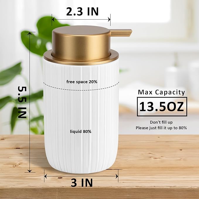 Soap Liquid Dispenser Ceramic with Easy-to-Press Pump Hand Liquid Dispenser (Can't Foam) for Shampoo Bathroom Countertop 13.5 oz