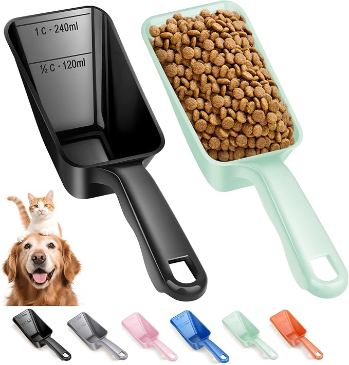 2-Pack Dog Food Scoop 1 Cup, Plastic Pet Food Measuring Scoop With Measuring Lines (1/2 & 1 Cup Markings) for Dogs, Cats, Fish, Bird（Black and Green)