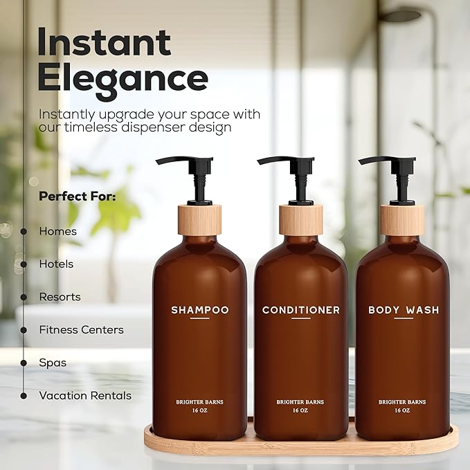Amber Shampoo and Conditioner Dispenser Set by Brighter Barns - Refillable Plastic Shower Dispenser for Bathroom - Body Wash and Shampoo Bottles with Tray - Boho Decor for Airbnb, Hotel, Gift (Amber)