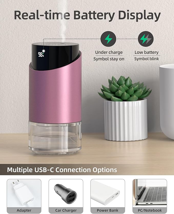 Waterless Essential Oil Diffuser Aromatherapy Scent Diffusers for Home Large Room, Car, Office, Desk, Mini Battery Operated Cordless Air Freshener, 4 Timers & 3 Mist Levels, 100ml Capacity (Pink)