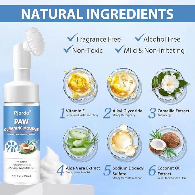 Paw Cleaner for Dogs and Cats, No-Rinse Foaming Cleanser, PH Balanced Deodorizing Paw Wash with Silicone Brush, Dog Paw Scrubber, Foot Cleaner Brush for Dogs Large Medium Small XL Breed