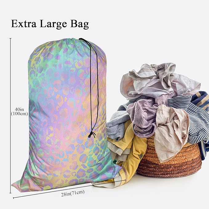 Swono Leopard Print Drawstring Portable Large Capacity Laundry Bags Animal Fur Spots Pattern Mammal Wildlife Storage Baskets for Bedroom, Bathroom, Dorm, Dining Room
