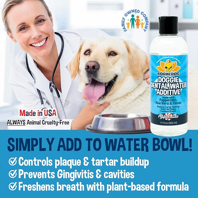 Bodhi Dog Peppermint Dental Dog Water Additive - Dental Water Additive for Dogs & Pets - Teeth, Breath & Healthy Gums - Freshens Breath & Reduces Tartar Build Up - Oral Care Cleaner- Made in USA, 17oz