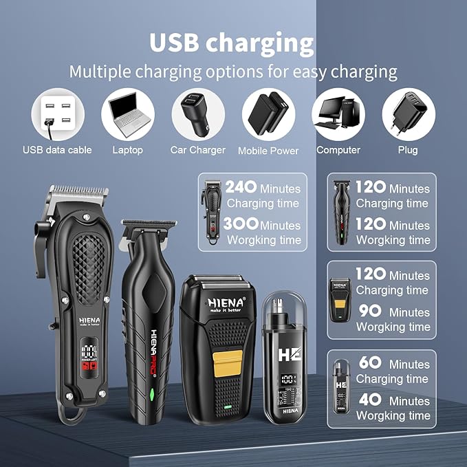 HIENA PRO Professional Hair Clipper Set for Men, Cordless Barber Clippers Set and Trimmer Kit, Electric Beard Trimmer & Nose Trimmer Kit, Foil Shaver & Men's Facial Grooming Tool Kit, Gifts for Men