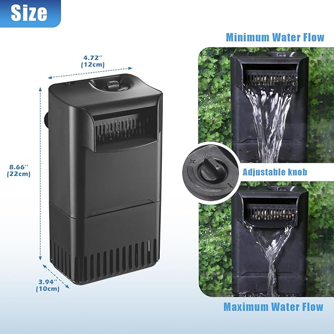 220GPH Turtle Filter for 20-45 Gal Tank, Small Turtle Filters 3-stage Filtration for Freshwater Saltwater Cloudywater, Ultra-quiet and Flow Adjustable for Fish Turtles Shrimps Amphibians Frogs