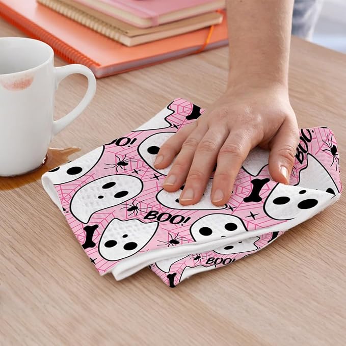 2 Pcs Cute Ghost Kitchen Towels, Halloween Themed Decorative Absorbent Microfiber Dish Cloth Tea Towel, Waffle Soft Hand Towels for Farmhouse Home Bathroom, Halloween Decor