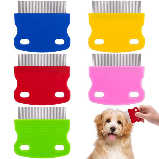 5pcs Flea Comb for Pets, 5 Colors Stainless Steel Dog Cat Grooming Tool, Portable Gentle Flea Lice Tear Stain Remover Combs for Facial Eye Gunk Cleaning