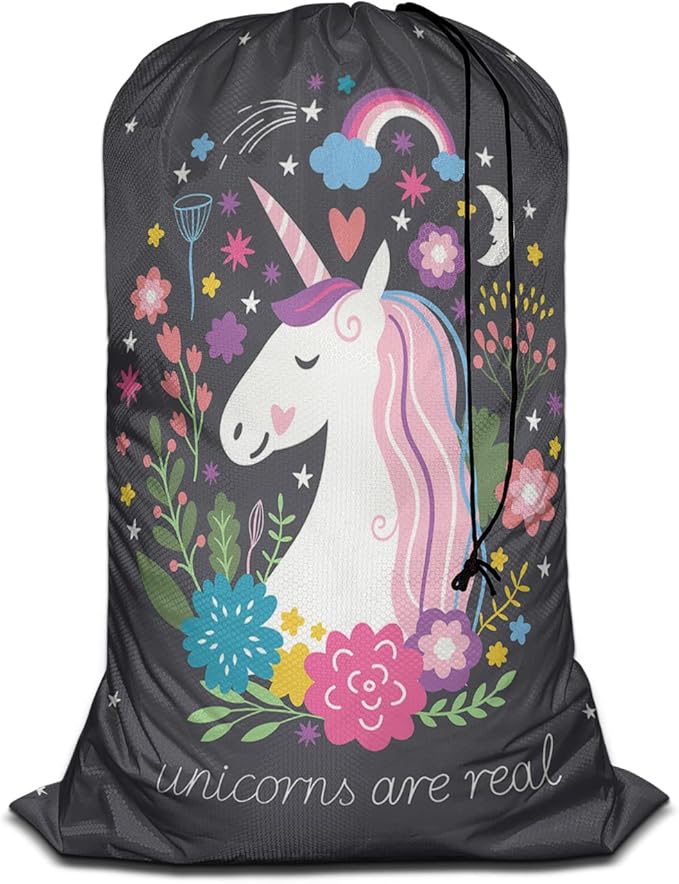 Swono Unicorn Are Real Extra Large Laundry Bag with Drawstring Closure 28"x40", Oxford Cloth, Rainbow Cartoon Fairy Star Floral for Home, Dorm and Apartment Dwellers, Magic Animal