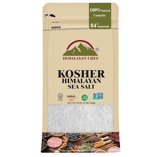 Himalayan Chef Kosher Sea Salt, Fine Grain Kosher Salt, Replacement for Table Salt, Non-Iodized, Unrefined, Non-GMO, All-Natural, No Additives - 48 oz Bag