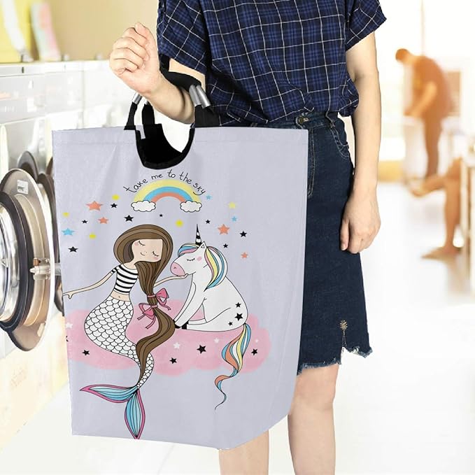 visesunny Unicon Mermaid Rainbow Large Laundry Bag Collapsible Oxford Fabric Laundry Hamper Foldable Portable Dirty Clothes Laundry Basket with Handles Waterproof Washing Bin Laundry Tote Bag