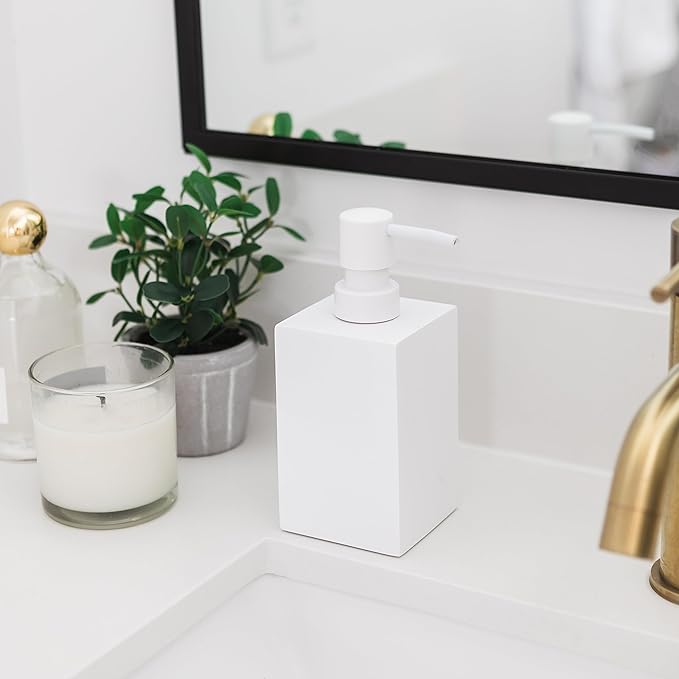 Matte White Soap Dispenser for Bathroom, 15oz Square Rustproof Liquid Hand Dish Soap Dispenser Pump for Kitchen Sink, Countertop, and Bathroom