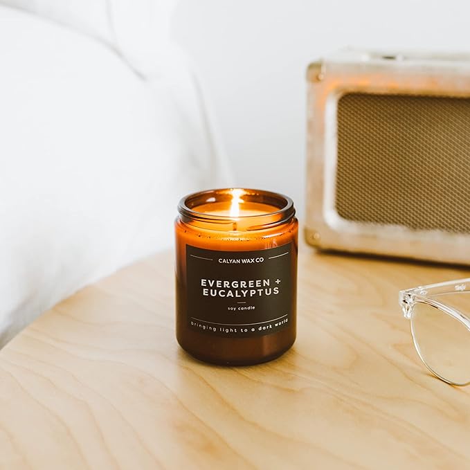 Calyan Wax Co. Soy Wax Candle, Evergreen + Eucalyptus Scented Candle, 57 Hour Burn Time, Aromatherapy Soy Candles, Non Toxic & Vegan Soy Wax, Amber Glass Jar Scented Candles, 7.2oz