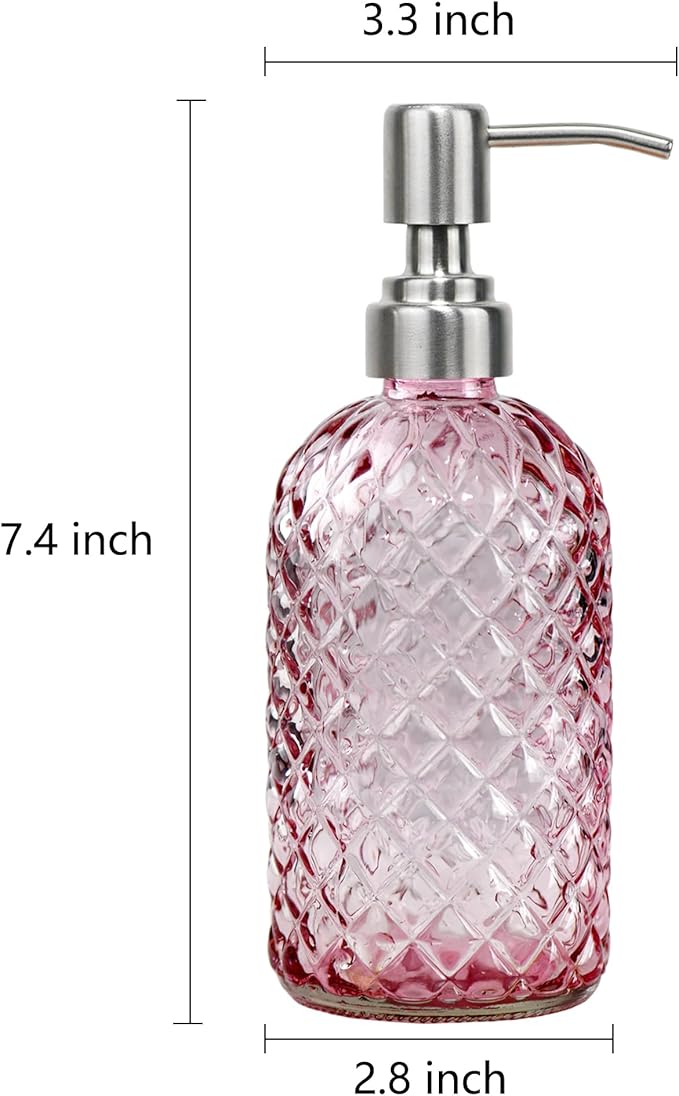 16 oz Soap Dispenser with 304 Rustproof Stainless Steel Pump, Kitchen, Bathroom Refillable Glass Liquid Soap Dispenser for Hand Soap, Soap, Lotion. (Pink)