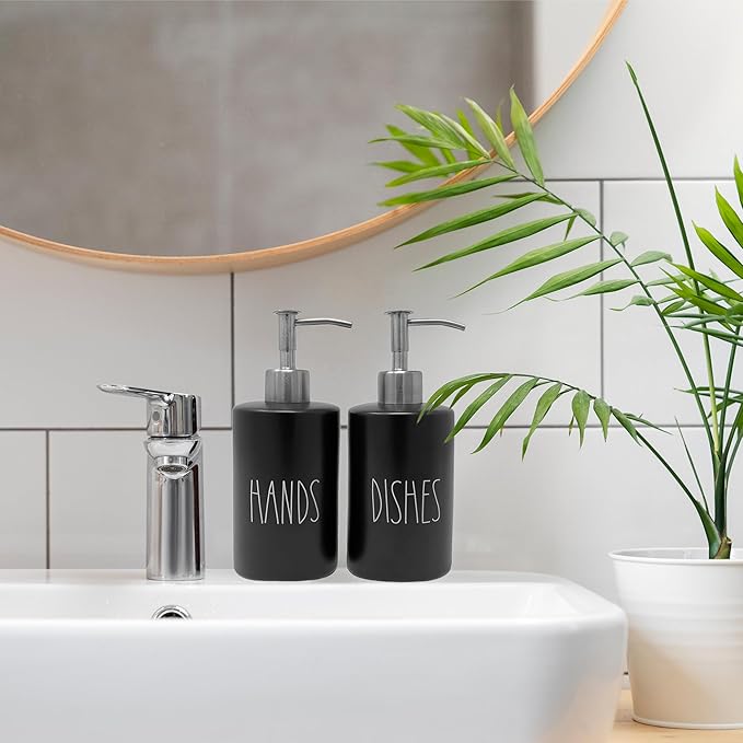 Modern Farmhouse Ceramic Dishes and Hands Soap Dispenser Set for Kitchen | Stainless Steel Pumps | 14oz, Black Bottles | Kitchen Décor for Counter
