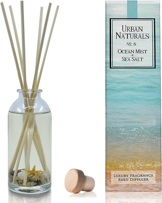 Urban Naturals Ocean Mist & Sea Salt Reed Diffuser Set | Made with Essential Oils & Real Seashells | Decorative Air Freshener Room Diffuser