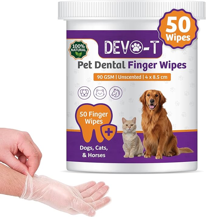DEVO-T 100% Natural Dog Teeth Cleaning Wipes Unscented | 50 Count | Pet Teeth Cleaning Finger Wipes for Dogs, Cats & Horses | Remove Bad Breath, Plaque & Tartar Buildup | Dog Dental Wipes Finger