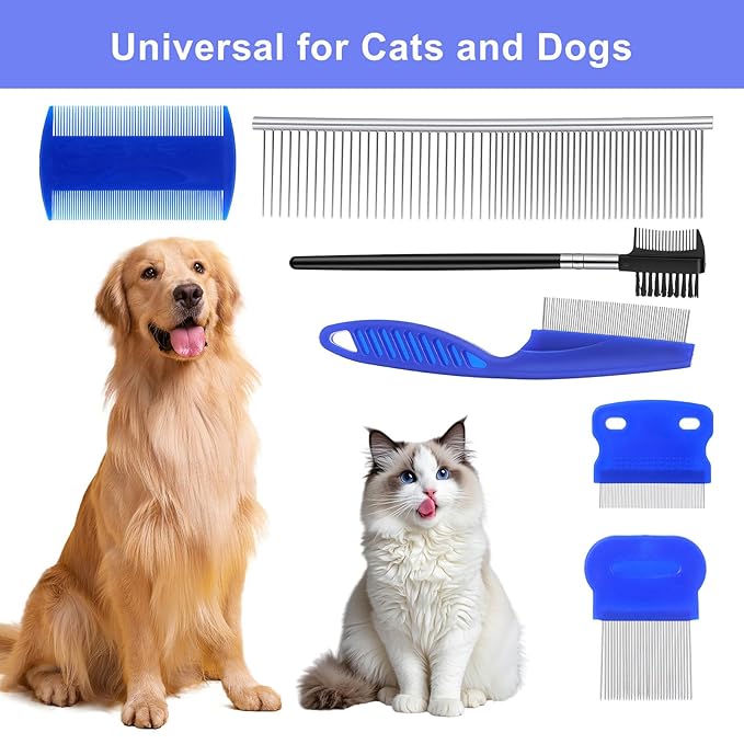 6-Pack Flea Comb for Cats Stainless Steel Lice Comb Set Dog Flea Brush Double-Sided Tear Stain Remover Pet Grooming Kit for All Types of Small Medium Large Pets (Blue)