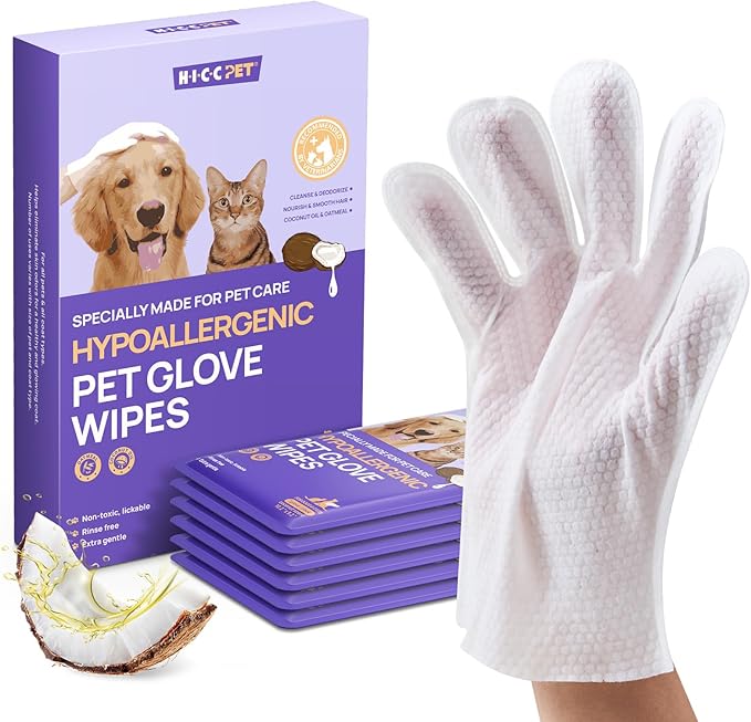 HICC PET Cleaning Deodorizing Glove Wipes for Dogs & Cats, Vet Recommended Hypoallergenic Hydrating & Nourish Fur Pet Grooming Glove Wipes, Pet Bathing Wipes for Horse Coat Care