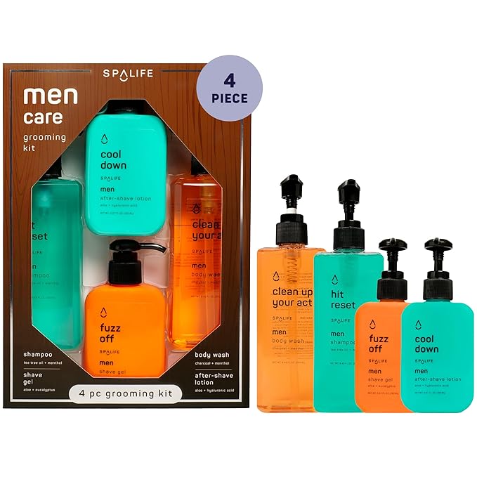 SpaLife Mens Body Wash Gift Set w/ Body Wash, Shave Gel, After-Shave Gel, Shampoo | Mens Skin Care Gift Set | Skincare Christmas Gifts for Men | Gifts for Men | Men's Skincare | 4-Piece