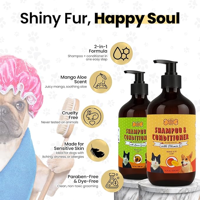 POM Pets 2 Pack 2-in-1 Organic Dog Shampoo & Conditioner – Itchy Skin Relief, Dog Deshedding, Detangles Fur, Cat Shampoo, Paw Cleaner for Dogs, Natural Coat Defense Formula