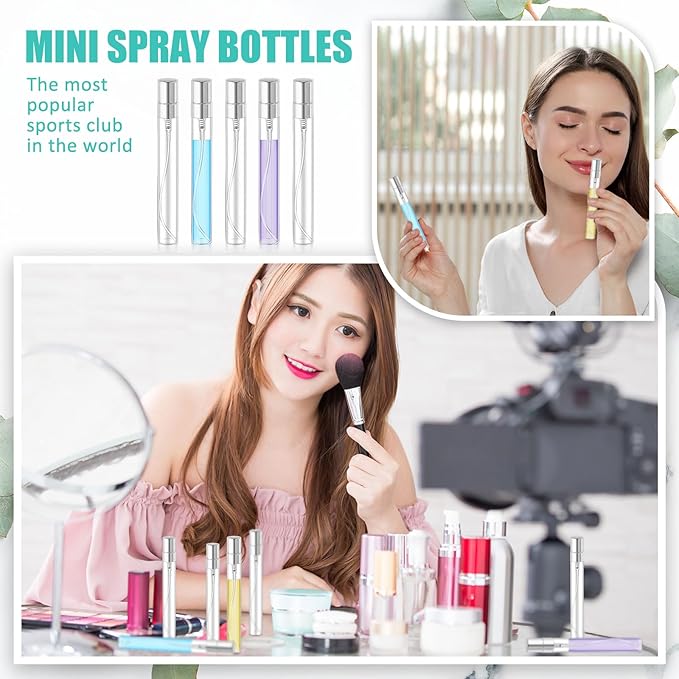 Zhehao 50 Pcs Mini Spray Bottles 10 ml Clear Glass Perfume Bottles Refillable Fine Mist Perfume Atomizer Portable Empty Sample Containers for Cleaning, Essential Oils, Travel (Silver Cap)