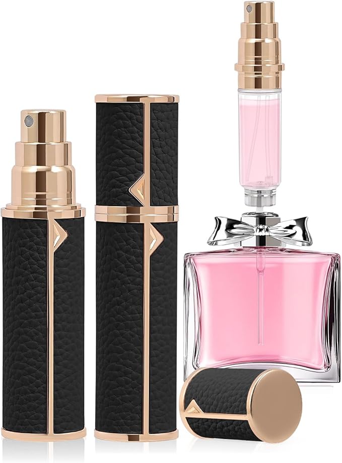 Refillable Travel Perfume Bottle – Fine Mist Atomizer, Bottom Fill, Genuine Leather Shell, TSA Approved, For Daily Refresh & Travel (Black, 5ml)