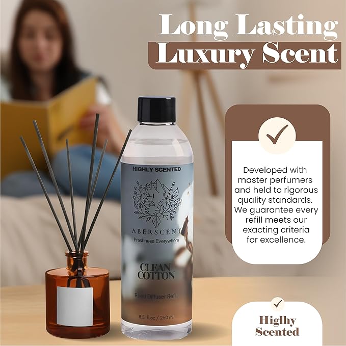 Clean Cotton Aberscent Premium Reed Diffuser Oil Refill (8.5 Fl Oz/250ml) – Long-Lasting Fragrance Oil for Home, Office & Spa – Relaxing Scent, Luxury Hotel-Style Aroma