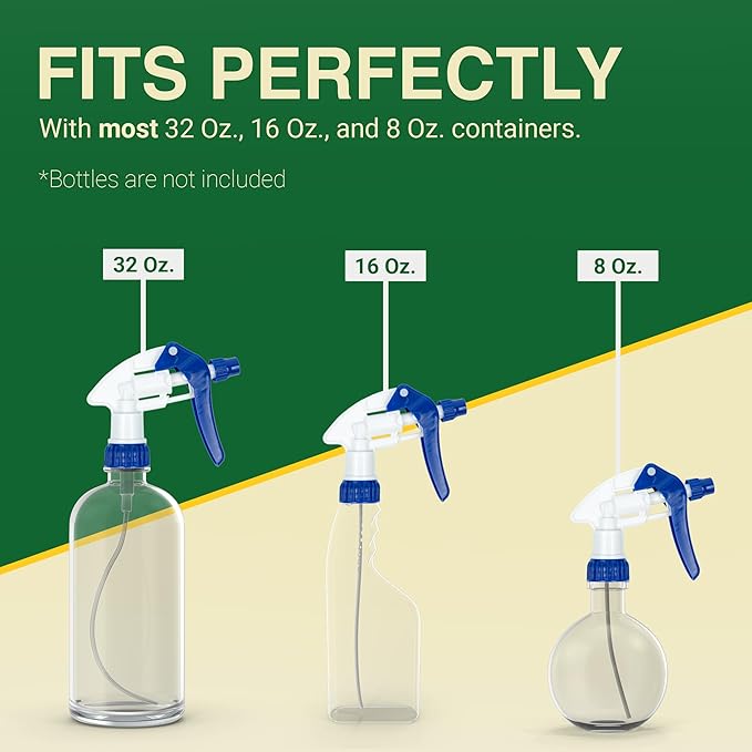 Heluva Green Spray Bottle Nozzle Replacement, Bottle Tops Only - Sprayer Nozzle Triggers for Heavy Duty, Commercial, Home Cleaning Solutions - Fits 8,16,24,32 oz Plastic & Glass Bottles, Blue 3 pack