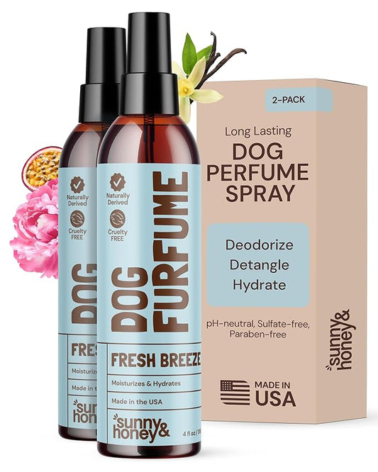 Sunny & Honey Dog Perfume Spray Long Lasting - 4 fl oz (2-Pack) - Deodorizing, Detangling & Hydrating with Avocado Oil & Silk Protein - pH Balanced Dog Cologne Spray - Fresh Breeze Scent