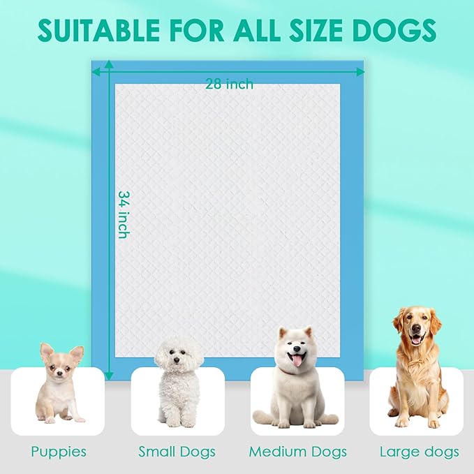 JollyMate Dog Pee Pads Extra Large 28"x34", 100 Pack X-Large Super Absorbent Pet Training Pads with Adhesive Tabs, 6 Layers Thick Leak-Proof Potty Pads for Dogs and Puppies