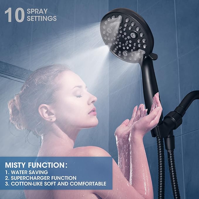High Pressure Handheld Shower Head, 10-Setting Showerhead, 4.7”Detachable Showerhead Set with 5ft Hose, Adjustable Bracket and Built-in Power Wash to Clean Tub, Tile & Pets - Black