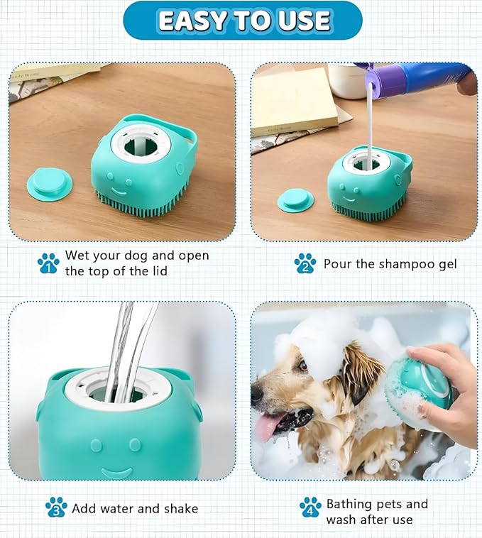 3-Pack Dog Bath Brush with Shampoo Dispenser – Silicone Dog Scrubber for Bathing & Grooming, No-Slip Handle, Deep Cleaning & Shedding Tool, Pet Massage Brush for Small & Large Dogs