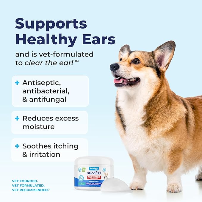 Vetnique Oticbliss Cat & Dog Ear Wipes - Dog Ear Infection Treatment or Dog Ear Cleaner Wipes for Dirty, Waxy, Smelly Dog Ears, Odor Control with Aloe Vera & Salicylic Acid (Medicated Ear Wipes)