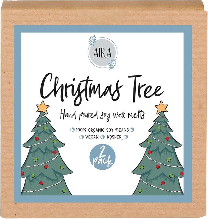 Aira Christmas Wax Melt - Organic, Vegan, Kosher, Scented Soy Wax Cubes w/Essential Oils - No Chemical 100% Soy Wax Melts for Tealight Melters - Hand-Poured Soy Tarts - Christmas Tree - 2 Pack