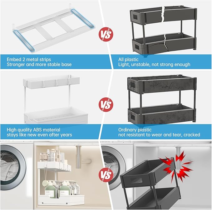 2-Tier Under Sink Organizers and Storage 2 Pack Sliding L-shape Under Cabinet Organizers For Narrow Space Multi-purpose Sink Organizer for Bathroom Kitchen Drawer(White 2 Pack)