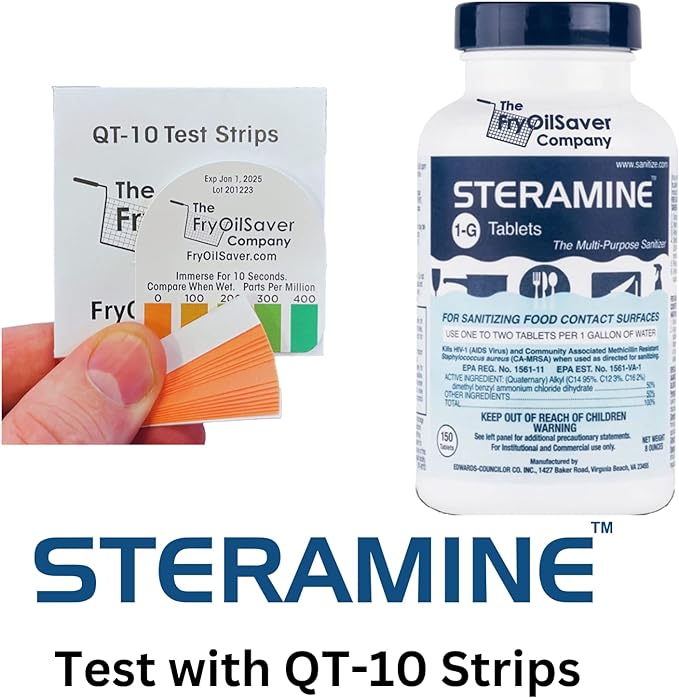 2 Bottles Steramine Sanitizer Tablets - 15x QT-10 Test Strip - Multi Purpose Steramine Sanitizing Tablets for Food Contact Surface in Kitchen, Restaurant & Food Service by FryOilSaver Co. (300 Count)