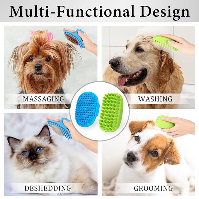 2PCS Dog Bath Brush with Adjustable Handle, Suitable for Pets Deshedding, Washing, Massaging & Grooming (Blue Green)