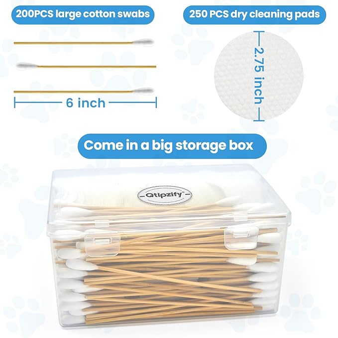 450PCS Dog Ear Cleaning Kit in Storage Box - 6" Long Cotton Swabs for Dogs with Dry Cleaning Pads - Large Cotton Head, Lint-Free, Highly Absorbent, Specially Designed for Use with Dog Ear Cleaner