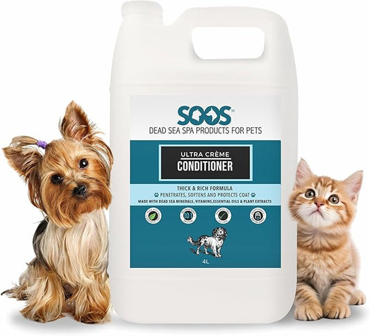 Soos Pet Conditioner Ultra Crème Natural Dead Sea Minerals Smoothness Polish Deeply Absorbing with Vitamins Essential Oils Natural Ingredients for Dogs and Cats - 1 Pack (4L)