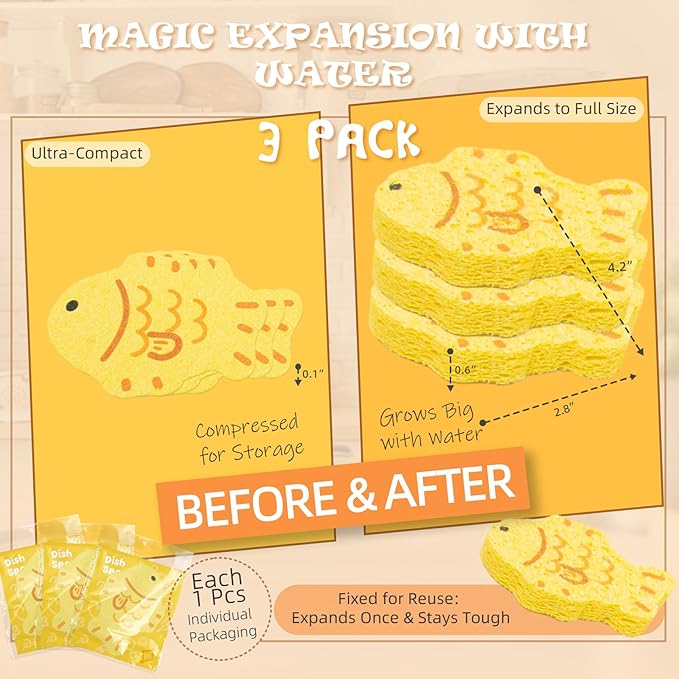 3 Pcs Cute Compressed Wood Pulp Cotton Sponges, Fish Animal-Shaped Reusable and Highly Absorbent for Dishwashing, Kitchen Surfaces, and Bathroom Cleaning