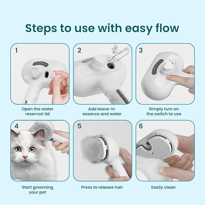 Pet Steam Brush for Dog & Cat, 3 in 1 Spray Hair Removal Comb for Shedding & Grooming, Water Brush for Long & Short Haired Pets, Includes 200ml Shampoo & USB Rechargeable Design, White