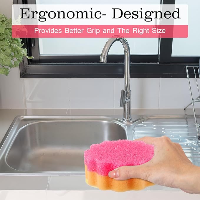 3 Pcs Dual Sided Scrub Sponge Multi Functional Cute Temperature Sensitive Non Scratch Dish Sponge for Washing Dishes Kitchen Bathroom(Flower)