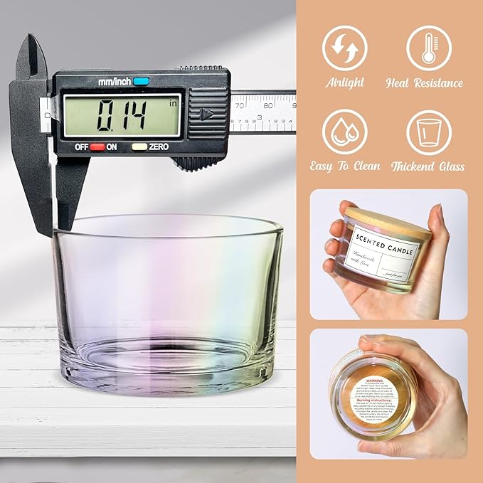 4oz Iridescent Candle Jars 15 Pack, Small Wide Mouth Glass Empty Candle Jars with Bamboo Lids for Making Candles, Bulk Candle Container with Wick Kit, Ideal for Candle Business Owners