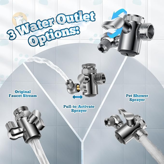 Dog Shower Attachment Set, 6.6 Ft Stainless Steel Pet Shower Hose with 3-Way Diverter Valve & Grooming Sprayer for Easy Pet Bathing – Includes Sprayer Nozzle, Holder, Adapters, & Grooming Gloves