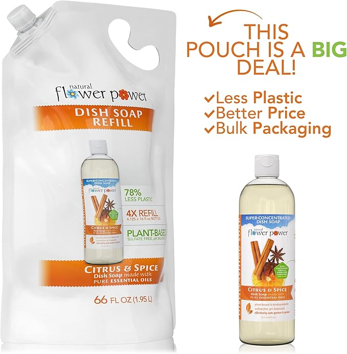 Natural Flower Power Liquid Dish Soap Refill – 66 Fl Oz Refills 4X – Plant-Based & Scented w/Pure Essential Oils – Natural Dishwashing Detergent – Sulfate-Free Kitchen Soap (Citrus & Spice)
