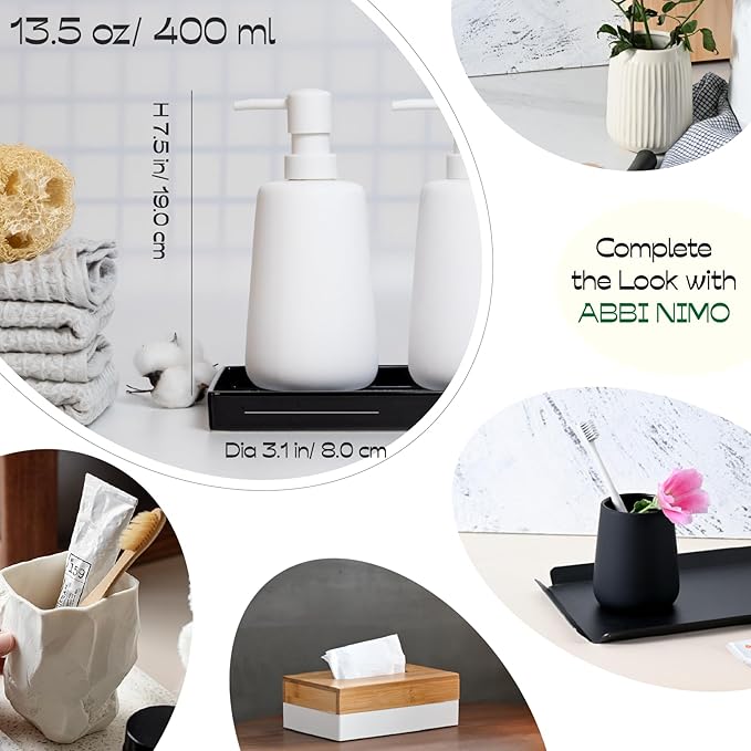 2 Pack Matte White Ceramic Soap Dispenser, 13 oz Refillable Bathroom or Kitchen Countertop Dispenser with Soft Touch Rubber Coating, Matte White