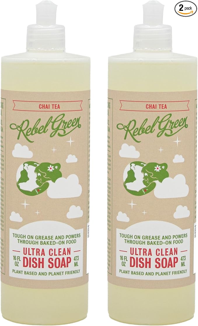 Rebel Green Super Deluxe Dish Soap - Natural Dishwashing Soap - Liquid Dish Detergent - Sustainable Dish Liquid Scented with Chai Tea - (16 oz Bottles, 2 Pack)
