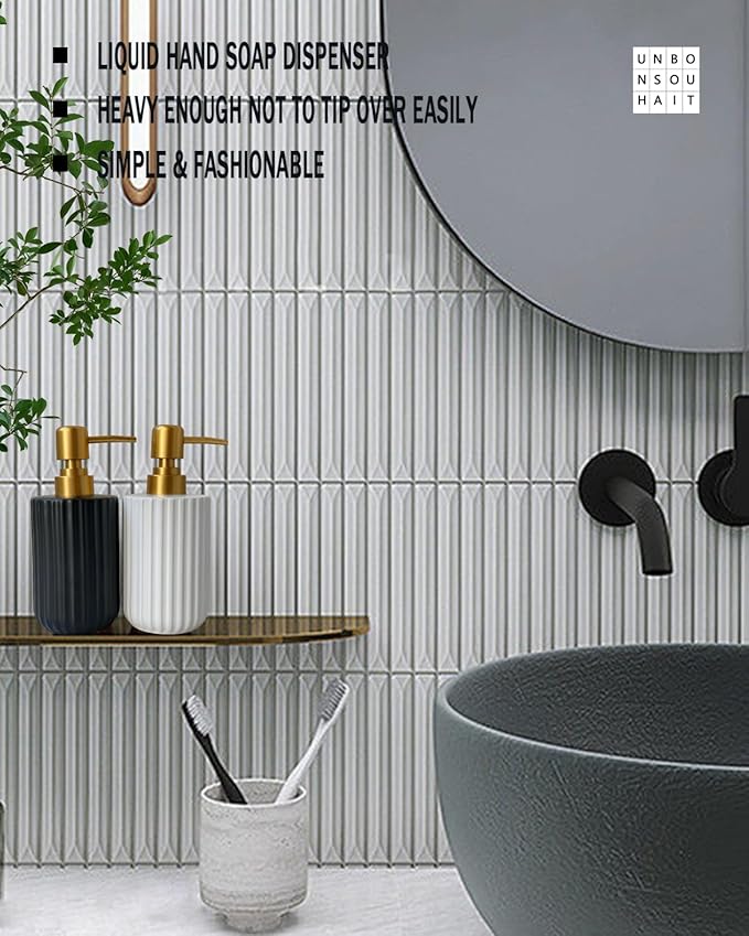 Ceramic Hand Soap Dispenser with Plastic Pump, Simple Style Gold and Black Cylindrical Dispenser