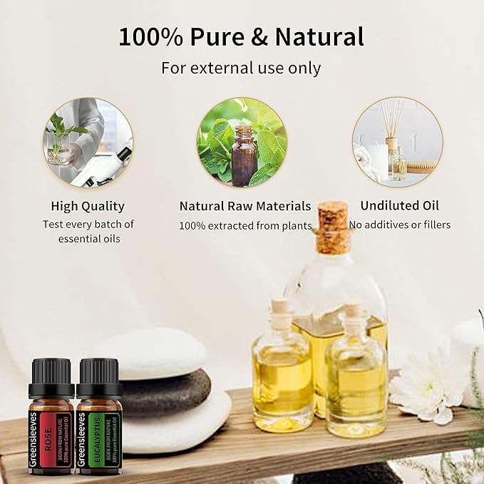GREENSLEEVES Rose Eucalyptus Essential Oil Set, 2 x 10ml Pure Plant-Based Fragrance Oil for Aromatherapy, Essential Oils for Diffuser, Massage, Bath Bomb, Scented Candle Soap Making